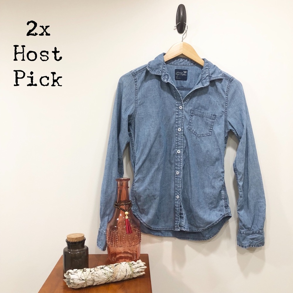 American Eagle Outfitters Light Blue Denim Button-Down Shirt